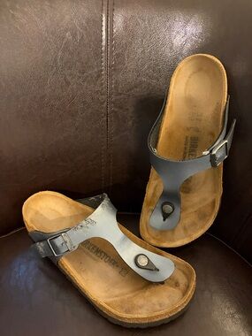 Birkenstock steel blue gizeh Birko flor Leather Thong Sandals size 7 37